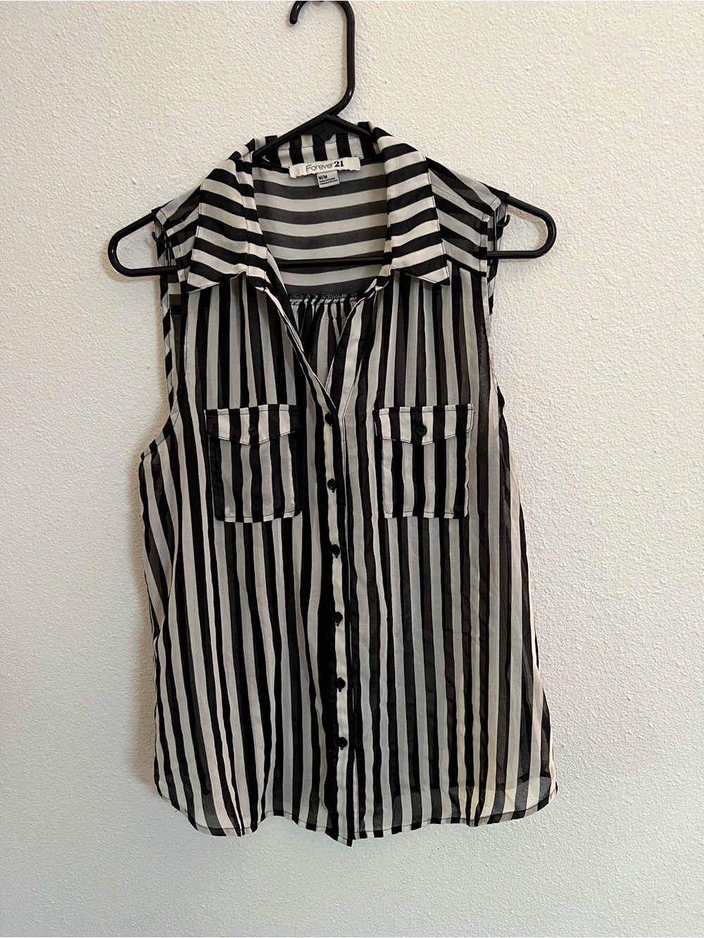 Forever 21 Black and White Vertical Stripe Sleeveless Button-Up Blouse